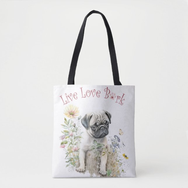Pug Dog Mum Floral Tote Bag (Front)