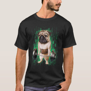 Pug Dog Muscle Training With Barbell Shrug Bar In T-Shirt