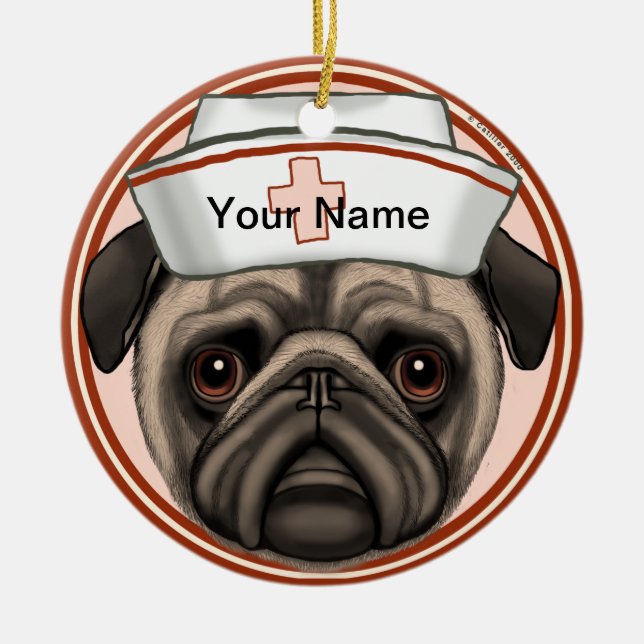 Pug Dog Nurse  Ceramic Tree Decoration (Front)