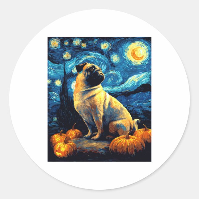 Pug dog of van gogh starry night halloween Funny J Classic Round Sticker (Front)