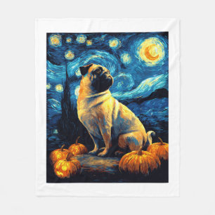 Pug dog of van gogh starry night halloween Funny J Fleece Blanket
