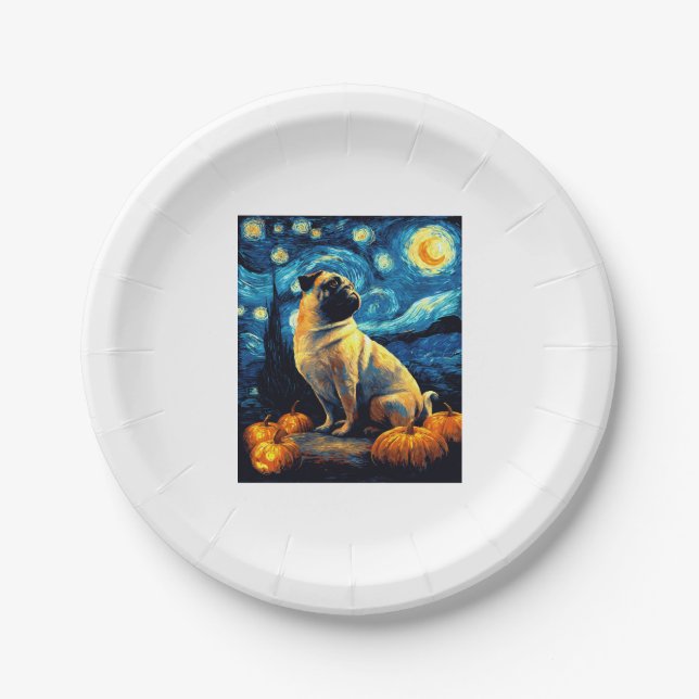 Pug dog of van gogh starry night halloween Funny J Paper Plate (Front)