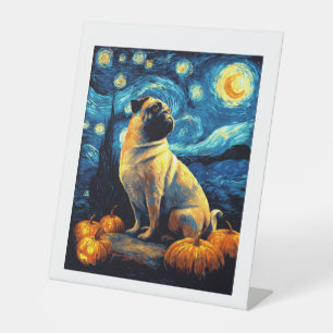 Pug dog of van gogh starry night halloween Funny J Pedestal Sign