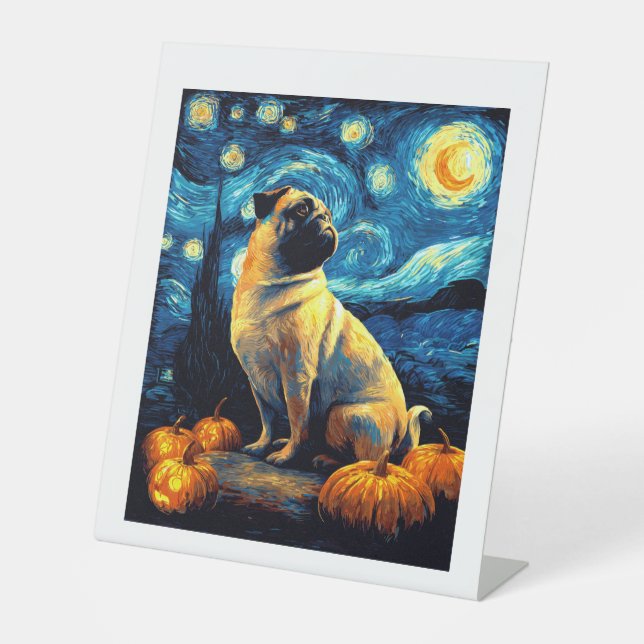 Pug dog of van gogh starry night halloween Funny J Pedestal Sign (Front)