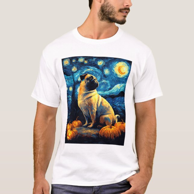 Pug dog of van gogh starry night halloween Funny J T-Shirt (Front)