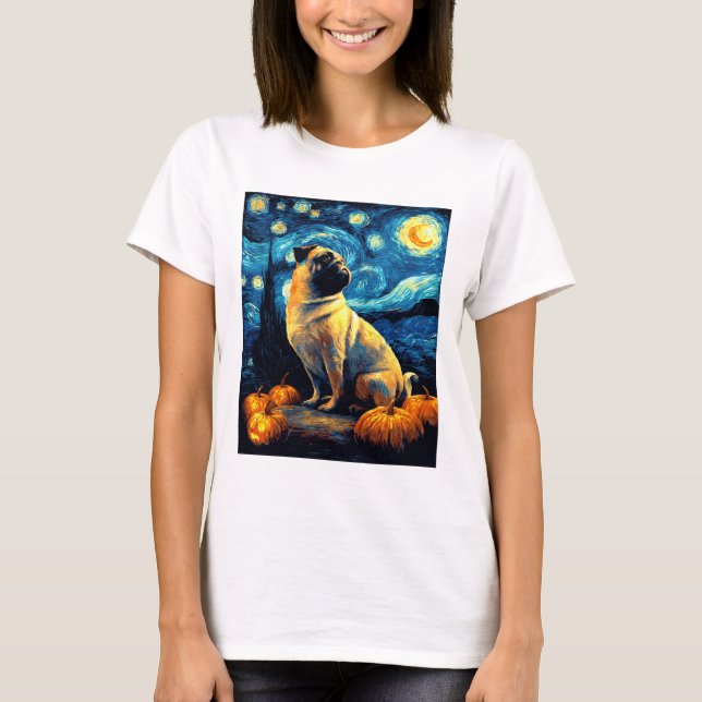 Pug dog of van gogh starry night halloween Funny J T-Shirt (Front)