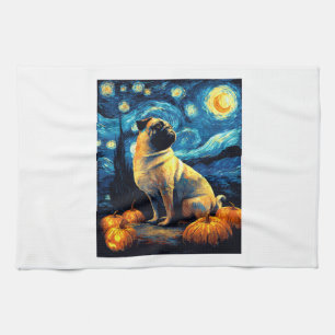 Pug dog of van gogh starry night halloween Funny J Tea Towel