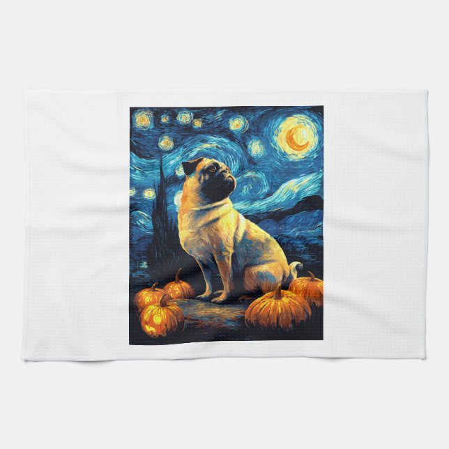 Pug dog of van gogh starry night halloween Funny J Tea Towel (Horizontal)