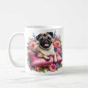 Pug Dog on a Pillow with  Flowers in Watercolor Coffee Mug