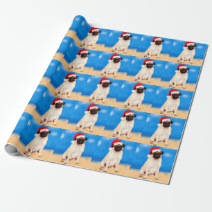 Pug Dog On Beach Christmas Santa Hat Wrapping Paper