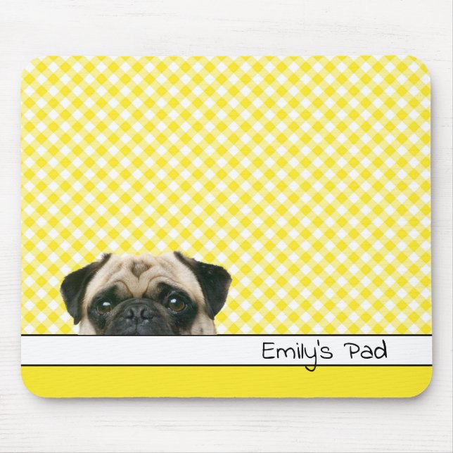 Pug Dog on Yellow Gingham Mouse Mat (Front)