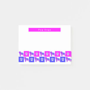 Pug Dog & Paw Hot Pink & Blue Silhouette Post-it Notes
