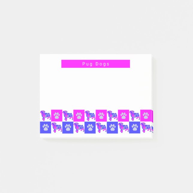 Pug Dog & Paw Hot Pink & Blue Silhouette Post-it Notes (Front)