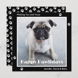 Pug Dog Paw Prints Pet Photo Black Holiday Card