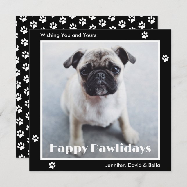 Pug Dog Paw Prints Pet Photo Black Holiday Card (Front/Back)