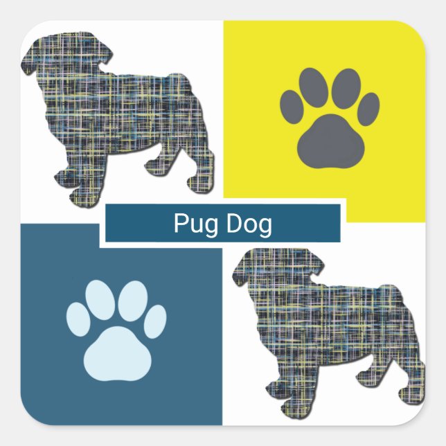 Pug Dog & Paw Y&B Grid Square Sticker (Front)