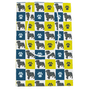 Pug Dog & Paw Yellow & Blue Grid Lines Medium Gift Bag