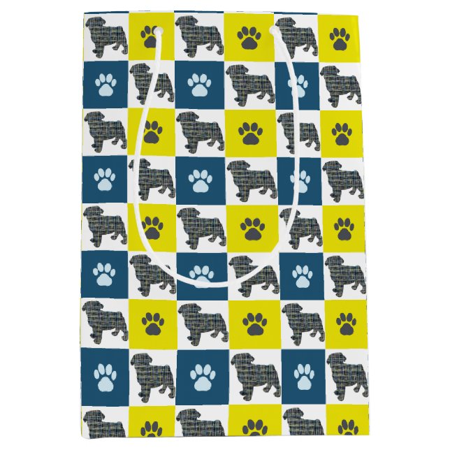 Pug Dog & Paw Yellow & Blue Grid Lines Medium Gift Bag (Front)