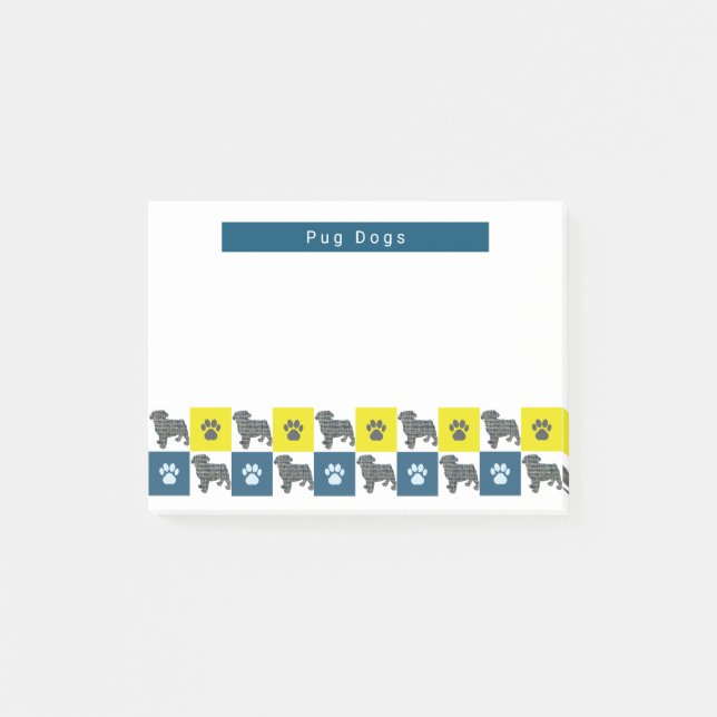 Pug Dog & Paw Yellow & Blue Grid Silhouette Post-it Notes (Front)