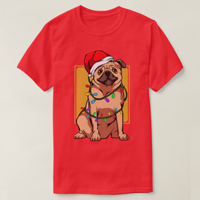 Pug Dog Pet Lights Fun Santa Cute Celebrate Happy  T-Shirt (Design Front)