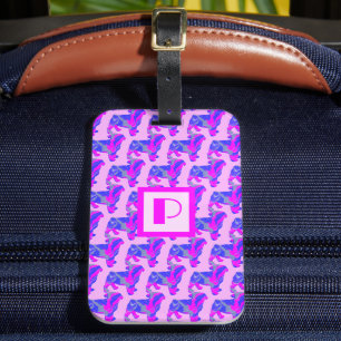 Pug Dog Pink & Blue Silhouette Monogram Luggage Tag