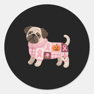 Pug Dog Pink Ribbon Breast Cancer Pug Pattern Felt Classic Round Sticker