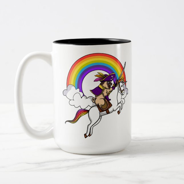 Pug Dog Pirate Riding Magical Unicorn Rainbow Two-Tone Coffee Mug (Left)