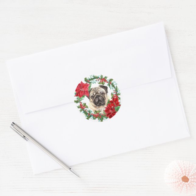 Pug Dog Poinsettia Holly Christmas Wreath Classic Round Sticker (Envelope)