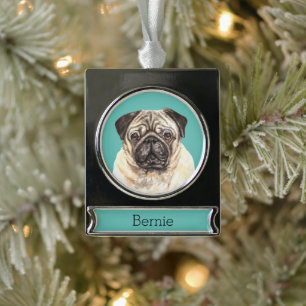 Pug Dog Portrait Personalised Silver Plated Banner Ornament