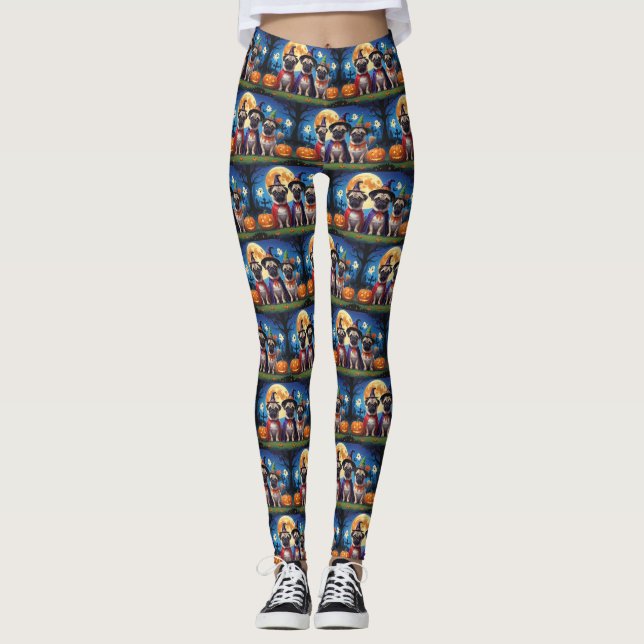 Pug Dog Pumpkin Halloween Funny  Leggings (Front)