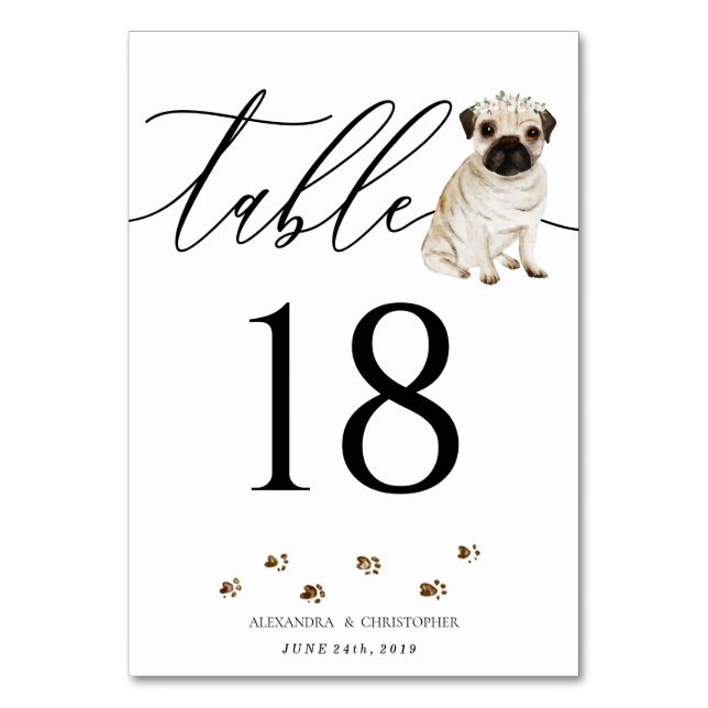 Pug Dog puppy Wedding Calligraphy Signature Table Number (Front)