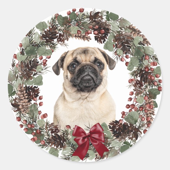 Pug Dog Red Bow Pinecone Wreath Christmas Classic Round Sticker (Front)