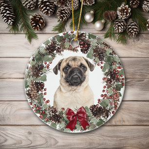 Pug Dog Red Bow Pinecone Wreath Personalised Ceramic Tree Decoration