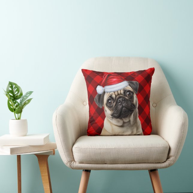 Pug Dog Red Buffalo Plaid Christmas Holiday Cushion (Chair)