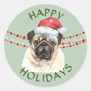Pug Dog Santa Hat Happy Holidays Classic Round Sticker