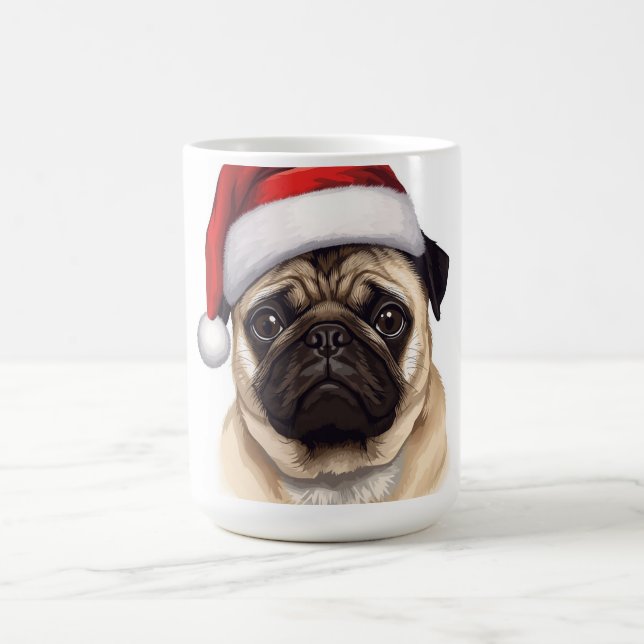 Pug Dog Santa Hat Merry Christmas Art Coffee Mug (Center)