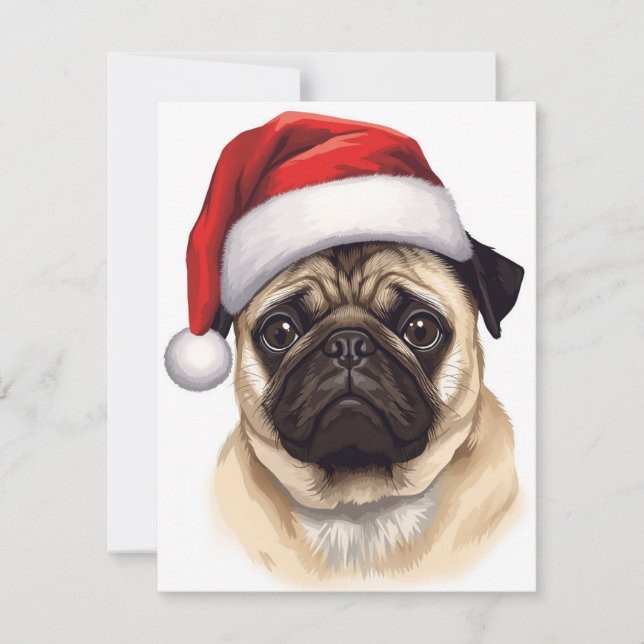 Pug Dog Santa Hat Merry Christmas Art Holiday Card (Front)