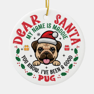 Pug Dog Santa Personalized Christmas Tree Round Ceramic Tree Decoration