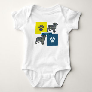 Pug Dog Silhouette Dog & Paw Yellow & Blue Grid Baby Bodysuit
