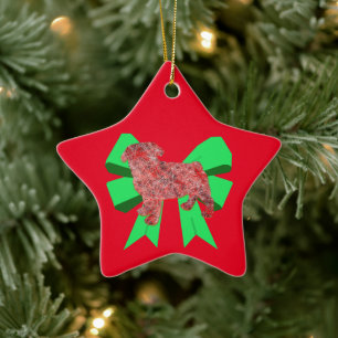 Pug Dog Silhouette Green Bow Christmas Ceramic Tree Decoration