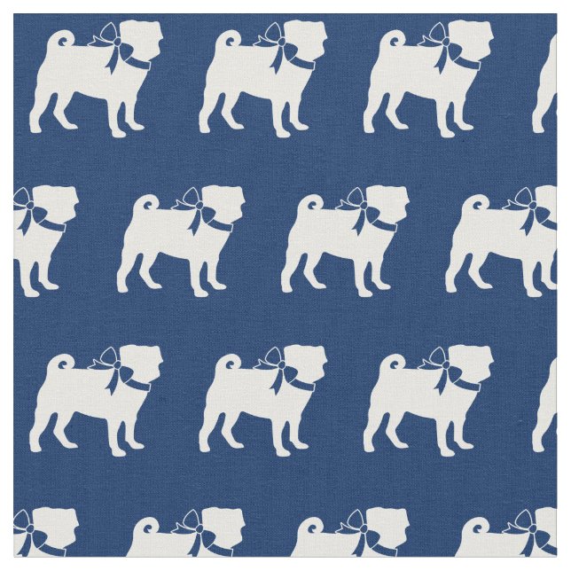 Pug Dog Silhouette Pet Navy Blue Fabric (Close Up)