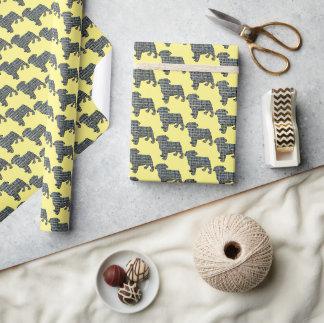Pug Dog Silhouette Y&B Grid Yellow Gift Wrapping Paper
