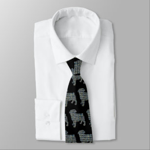 Pug Dog Silhouette Yellow & Blue Grid Black Tie