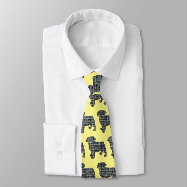 Pug Dog Silhouette Yellow & Blue Grid Yellow Tie (Tied)