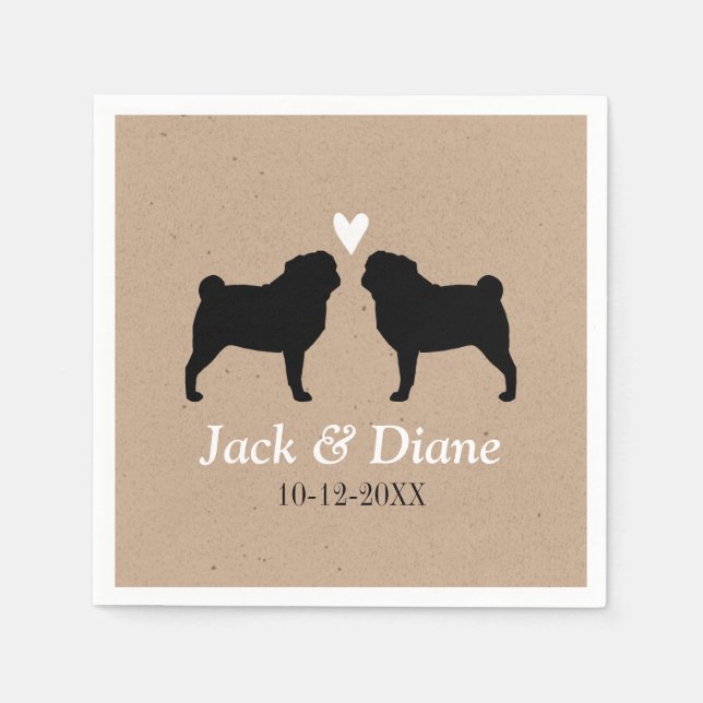 Pug Dog Silhouettes Wedding Couple Custom Napkin (Front)