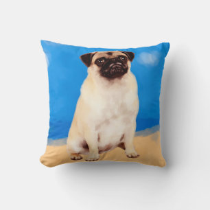 Pug Dog Sitting On Beach Cushion