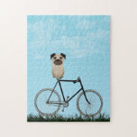 Pug Dog Sitting on Vintage Bicycle Jigsaw Puzzle<br><div class="desc">Puzzle featuring an adorable Pug sitting on an old-fashioned bicycle on a blue summer day.</div>