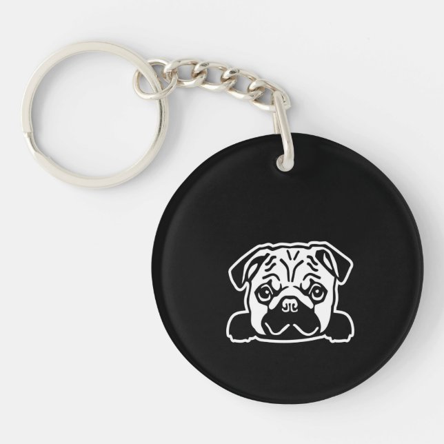 Pug Dog Sketch Portrait Key Ring (Front)