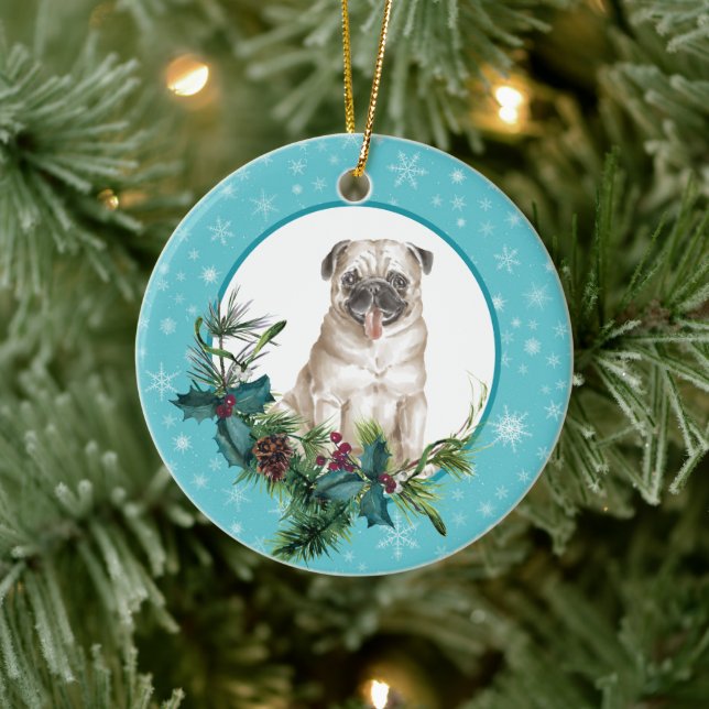 Pug Dog Snowflake Blue Frame Holiday Bouquet Ceramic Tree Decoration (Tree)