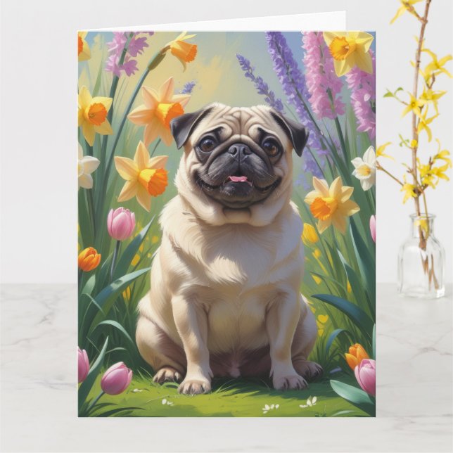 Pug Dog Spring Flowers Painting Card (Yellow Flower)